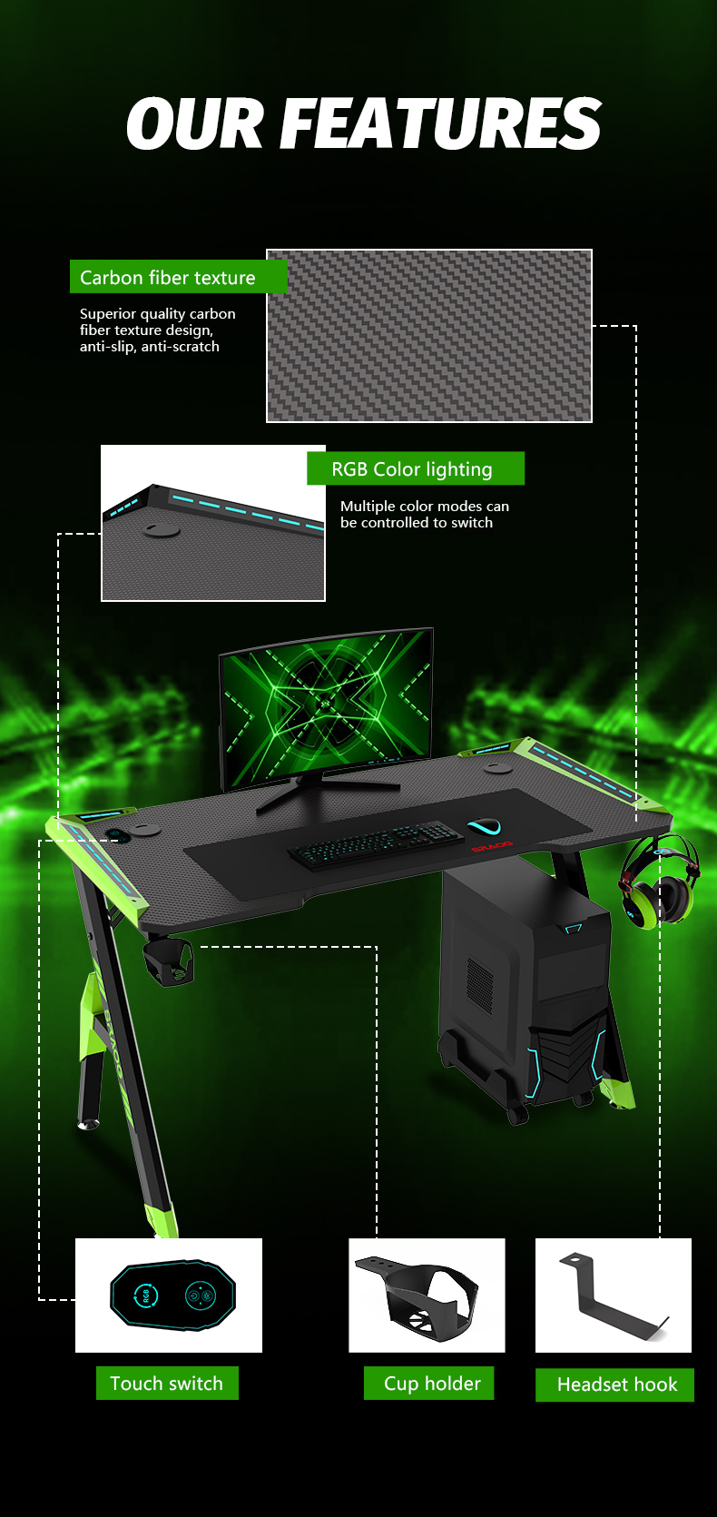 R Shaped Eco-Friendly Integrate Gaming Desk with RGB Light Bureau de jeu intégré écologique en forme de R avec lumière RVB