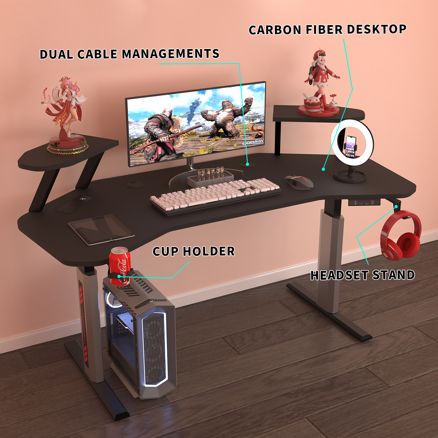 Bureau de bureau électrique à hauteur réglable AOR ESPORTS avec support pour écran
