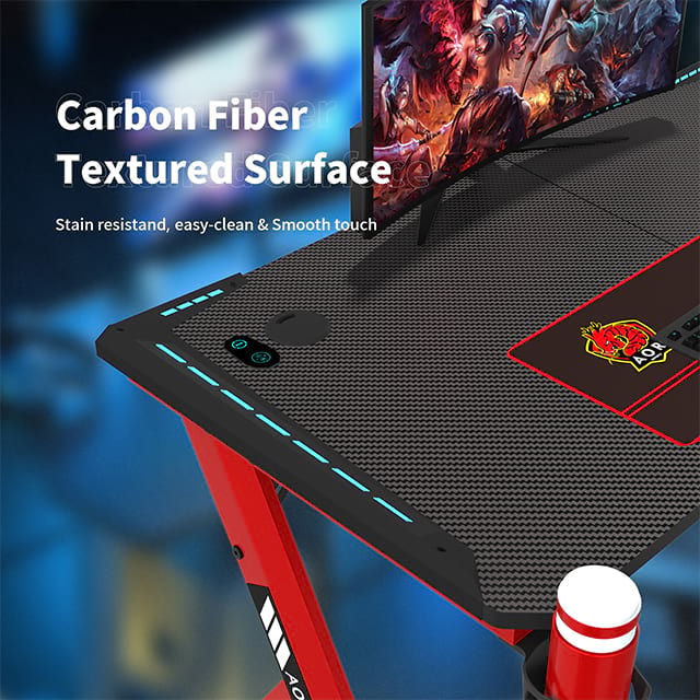 Bureau de jeu, bureau à LED en fibre de carbone en forme de R avec tapis de souris, porte-gobelet et crochet pour casque, 47 pouces rouge