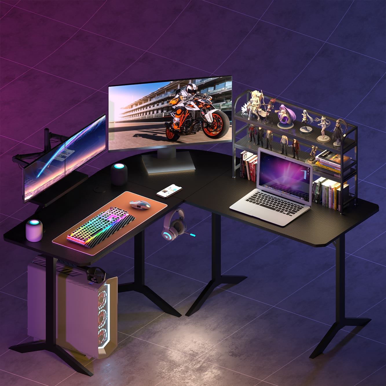  En forme de L 57 pouces avec prises de courant et support de moniteur, bureau d'angle pour bureau à domicile 