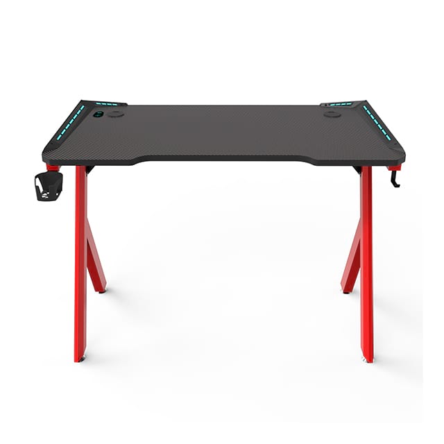 Bureau de jeu, bureau à LED en fibre de carbone en forme de R avec tapis de souris, porte-gobelet et crochet pour casque, 47 pouces rouge