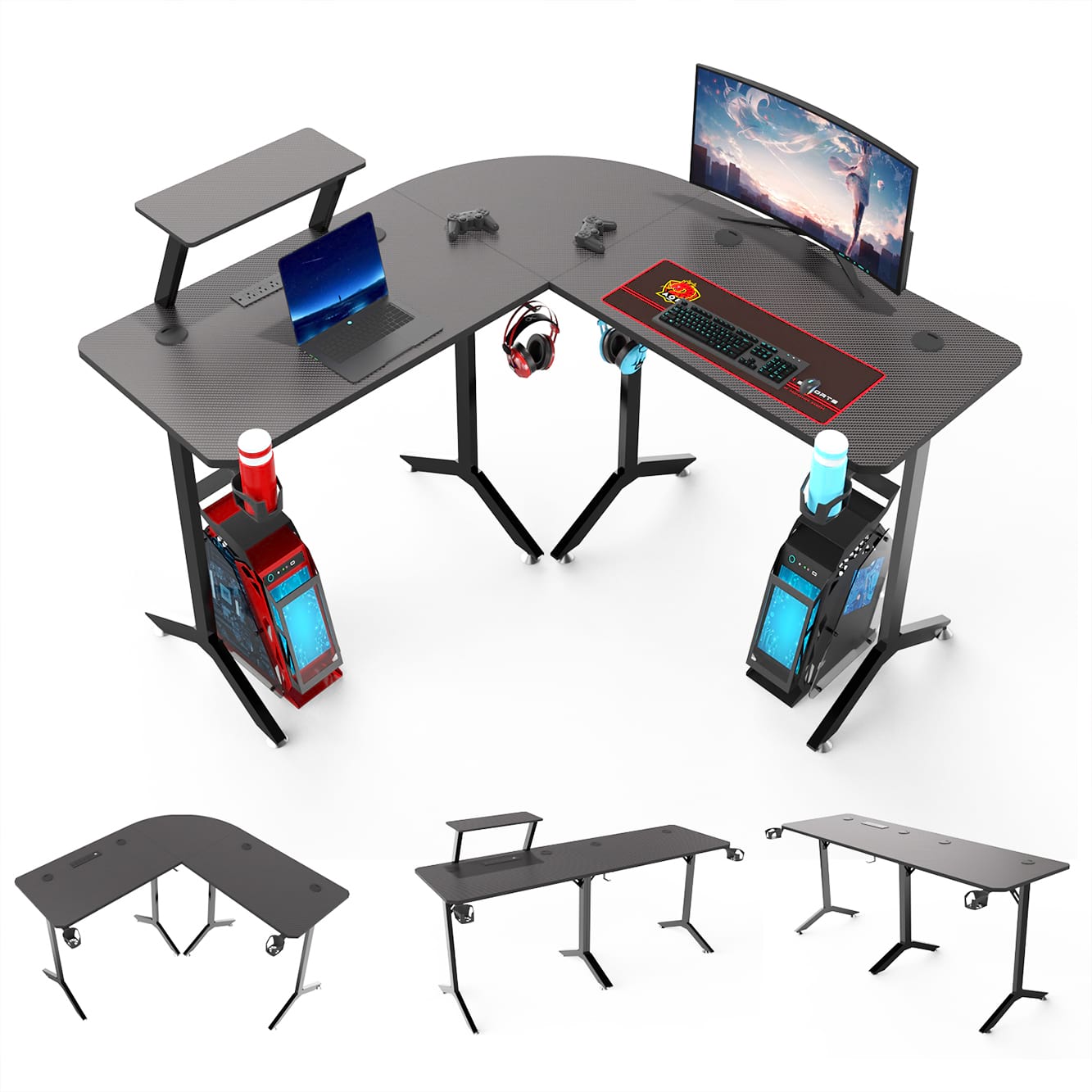  En forme de L 57 pouces avec prises de courant et support de moniteur, bureau d'angle pour bureau à domicile 