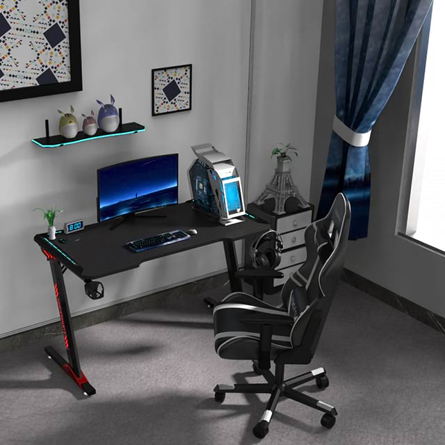 Bureau de jeu en forme de Z, 47 pouces, en panneaux de particules, avec tapis de souris, tables de joueur avec porte-gobelet et crochet pour casque