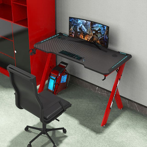 Bureau de jeu, bureau à LED en fibre de carbone en forme de R avec tapis de souris, porte-gobelet et crochet pour casque, 47 pouces rouge