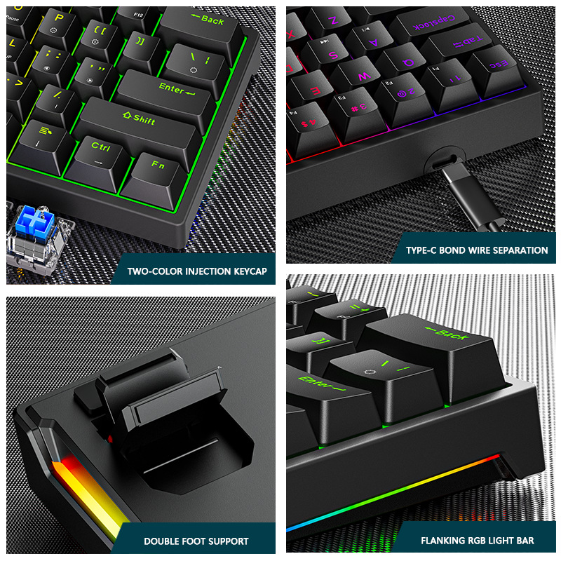 Clavier mécanique filaire de sport électronique clavier mécanique à axe vert clair à 61 touches enfichable