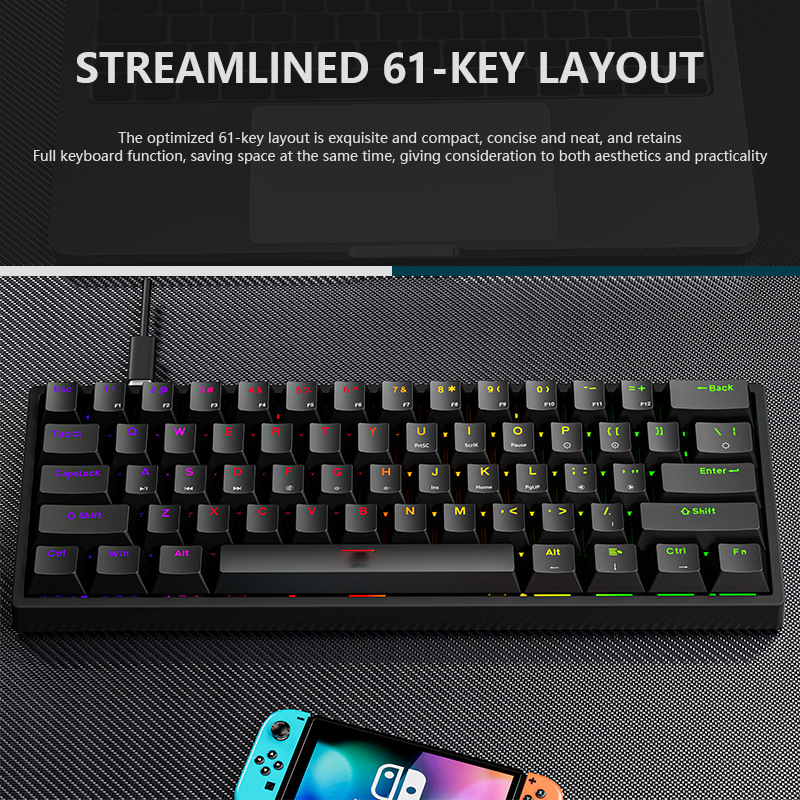 Clavier mécanique filaire de sport électronique clavier mécanique à axe vert clair à 61 touches enfichable